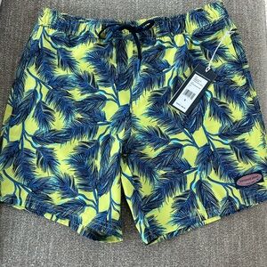 NWT! Vineyard Vines Yellow and Blue Swim Trunks Tropical Print